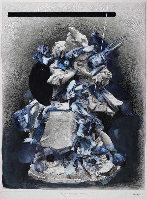 Der Kuss | 2024 |32x34cm | Peer Kriesel Übermalung | Mischtechnik auf Papier, gerahmt